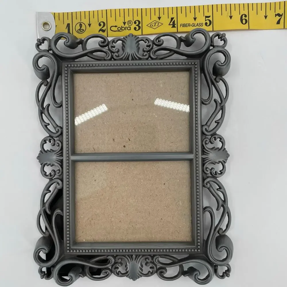 Double Photo Frame, Metal, Pewter Color, Ornate Scroll, 2 1/4” X 3 1/4” Ea. Side